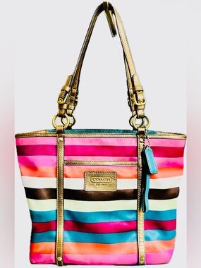 Coach Legacy Satin Stripe Tote Bag with metallic leather trim 2009 (F14009) GUC